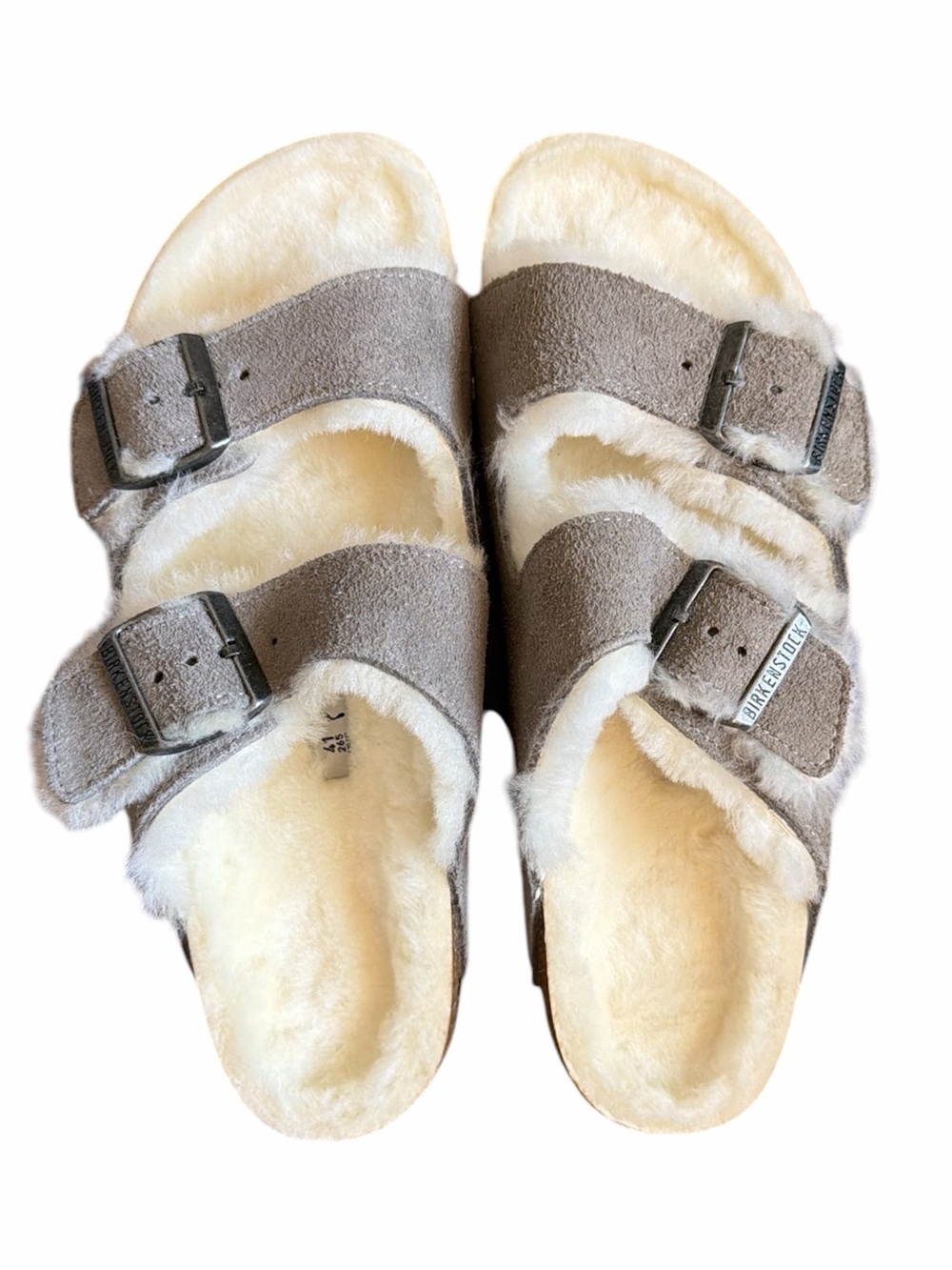 Birkenstock Suede Shearling Arizona Slides in Taupe - Gray - Lambskin Linning